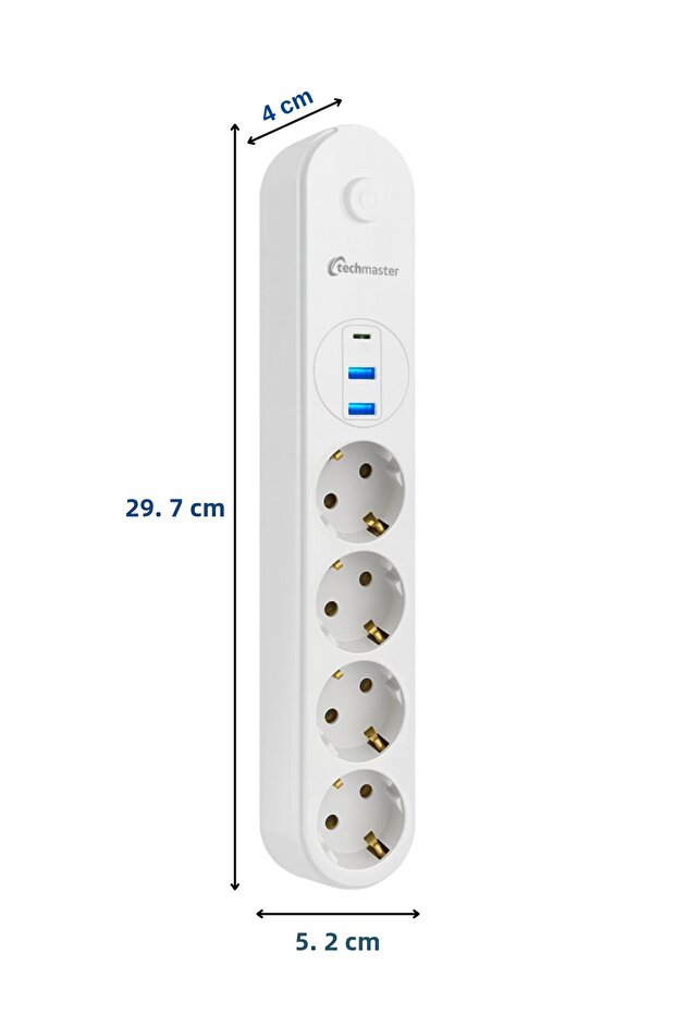 2 منفذ USB + منفذ Type-C، مقبس كهربائي رباعي مع حماية من التيار وحماية للأطفال، 2 متر، أبيض - 4