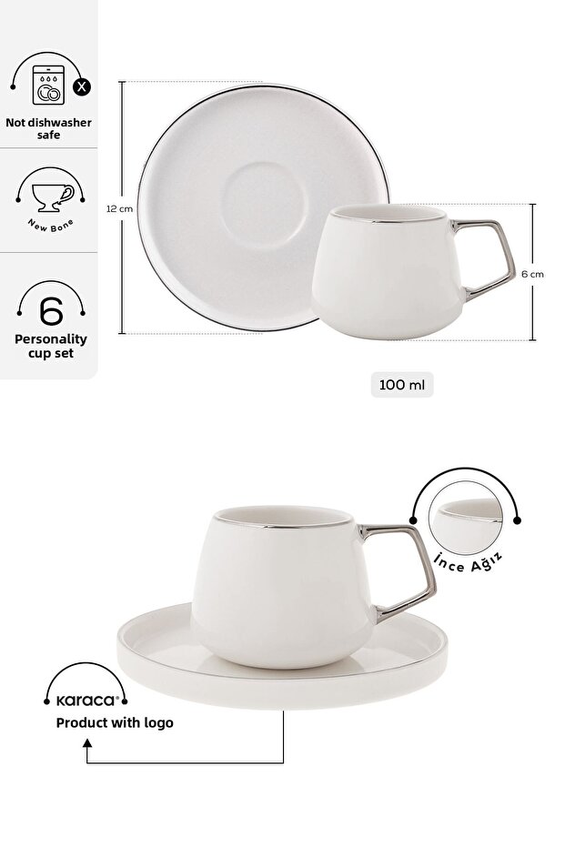 Σετ 12 τεμαχίων πορσελάνινες κούπες espresso Τουρκικού Καφέ για 6 άτομα, 100ml, λευκό και ασημί χρώμα - 2
