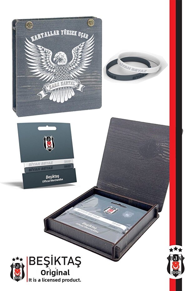 Beşiktaş Licensed 2-Piece Silicone Bracelet Set - Gift with Wooden Box
