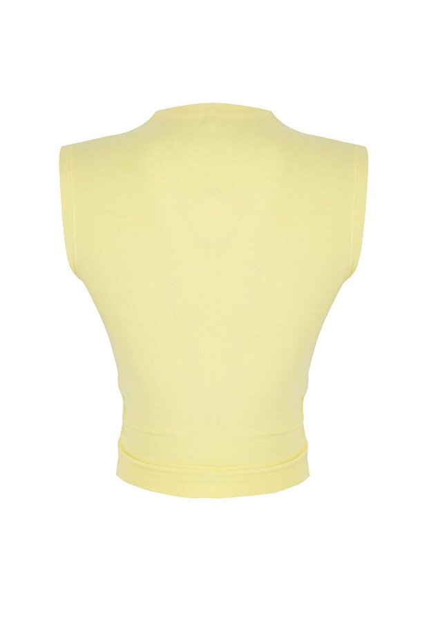 Açık Sarı Dik Yaka Büzgü/Drape Detaylı Fitted/Vücuda Oturan Asimetrik Örme Bluz TWOSS24BZ00534 - 6