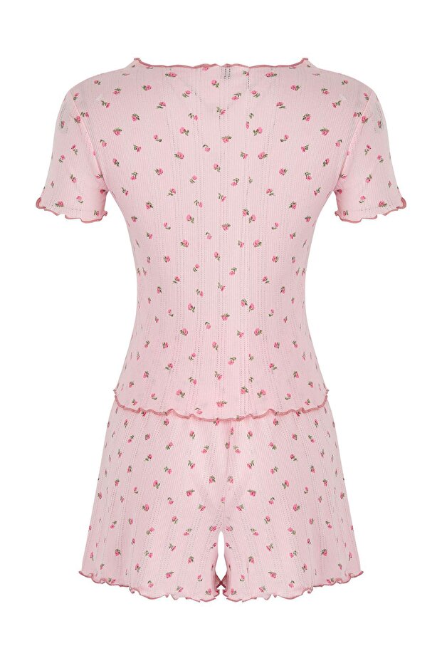 Pembe %100 Pamuklu Çiçekli Kurdele/Fiyonklu Fitilli Şortlu Örme Pijama Takımı THMSS25PT00434 - 6