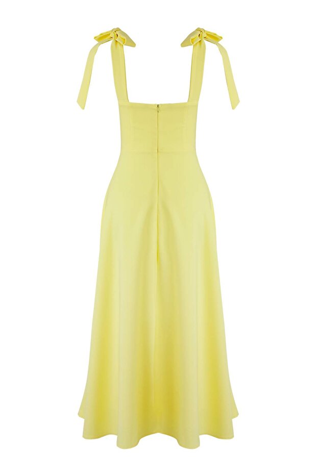 Světle žluté A-Line Popruh Vázání Detailní Tkané Midi Elegantní Večerní šaty Noční šaty TPRSS24EL00251 - 6