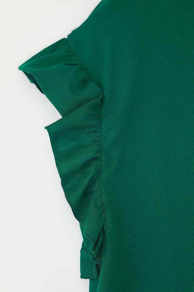 Zümrüt Yeşili Bisiklet Yaka Kolları Fırfırlı %100 Pamuk Örme T-Shirt TBBSS23BF00006 - 6