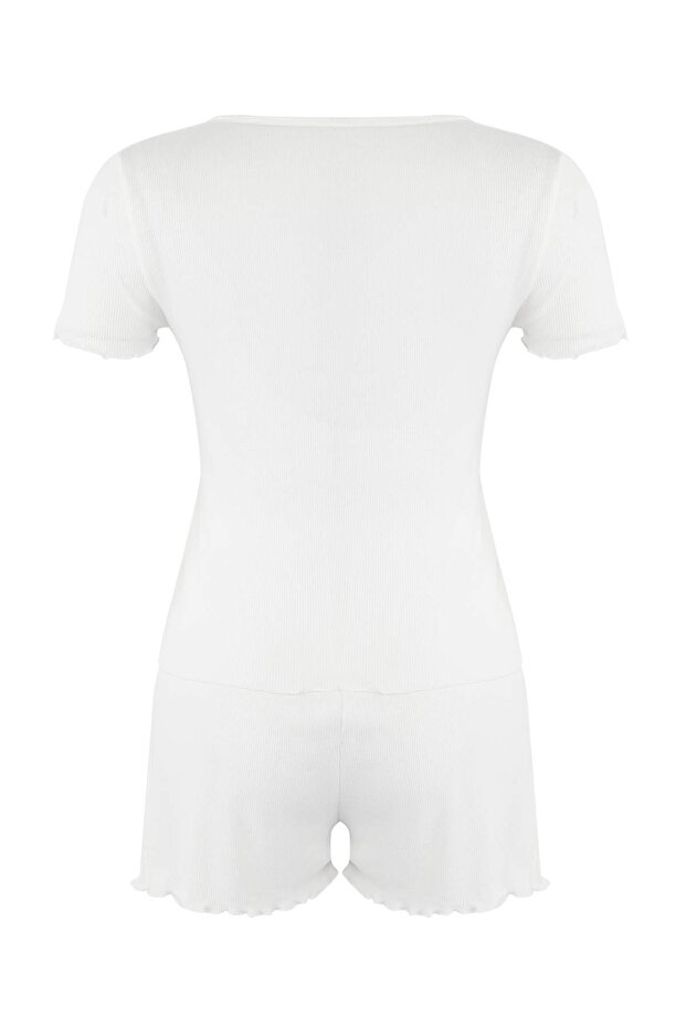 Ekru Dantel ve Gül Aksesuar Detaylı Fitilli Şortlu Örme Pijama Takımı THMSS25PT00417 - 6