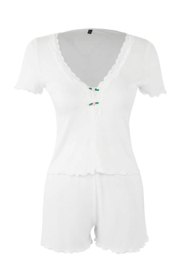 Ekru Dantel ve Gül Aksesuar Detaylı Fitilli Şortlu Örme Pijama Takımı THMSS25PT00417 - 5