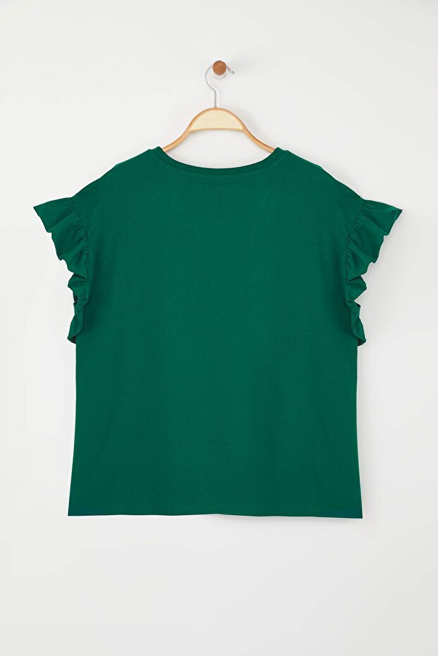 Zümrüt Yeşili Bisiklet Yaka Kolları Fırfırlı %100 Pamuk Örme T-Shirt TBBSS23BF00006 - 8