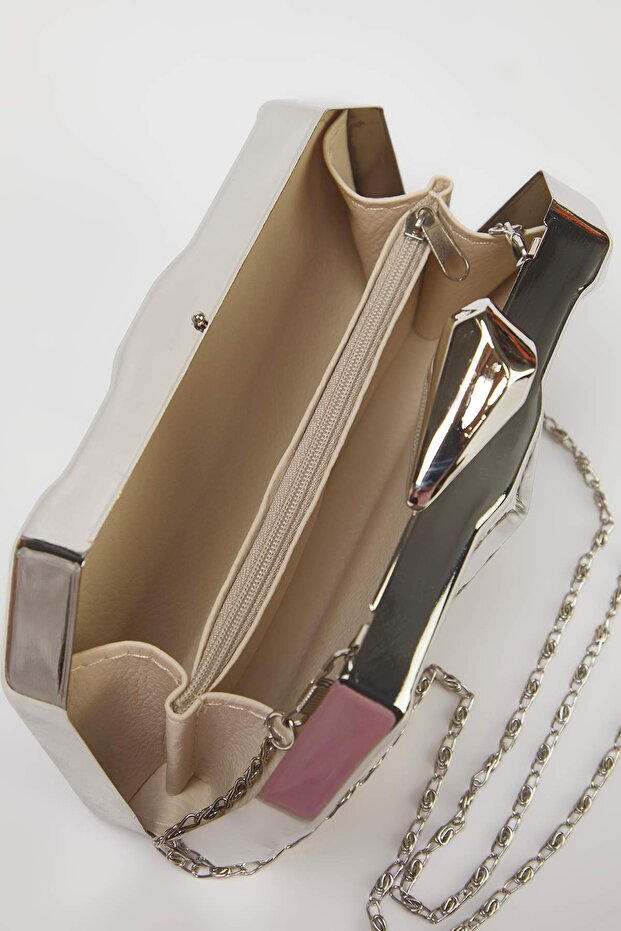 Metalik Gümüş Üç Boyutlu Abiye Kadın Şık Mini Boy Clutch El Çantası TAKSS25OC00064 - 5