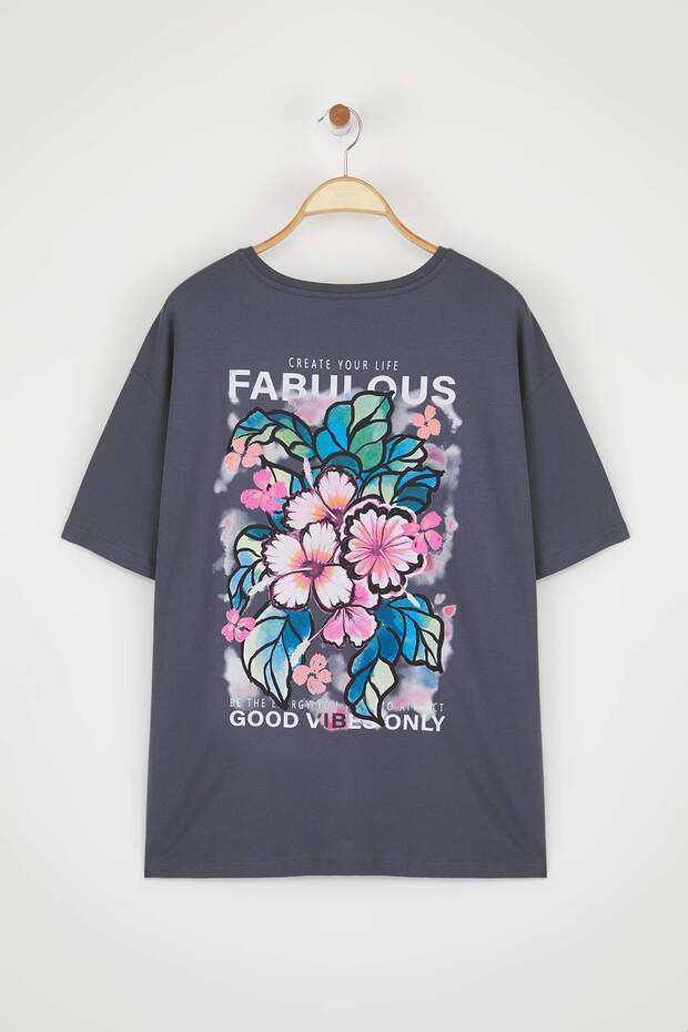 Antrasit Oversize Fit %100 Pamuk Ön ve Arka Baskılı Örme Büyük Beden T-Shirt TBBSS25BF00002 - 6