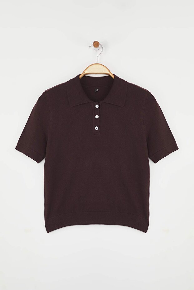 Kahverengi Polo Yaka Premium İplik / Özel İplik Triko İnce Bluz TWOSS25BZ00184 - 5