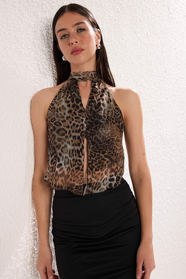 Leopar Bağlamalı Örme Tül Party Bluz TPRSS25BZ00053 - 1