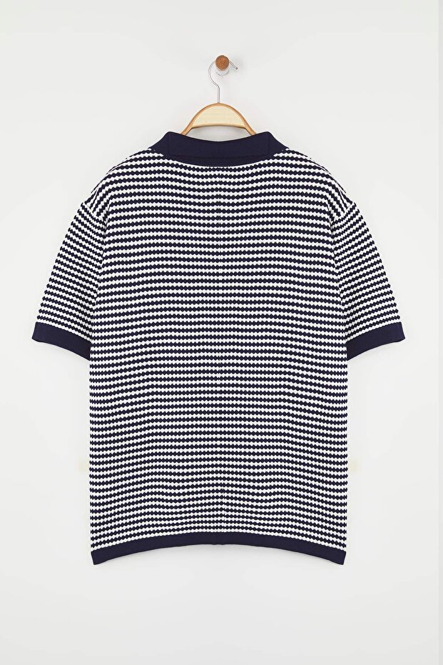 Lacivert Polo Yaka Çizgili Mevsimlik Triko Bluz TBBSS25AF00115 - 8