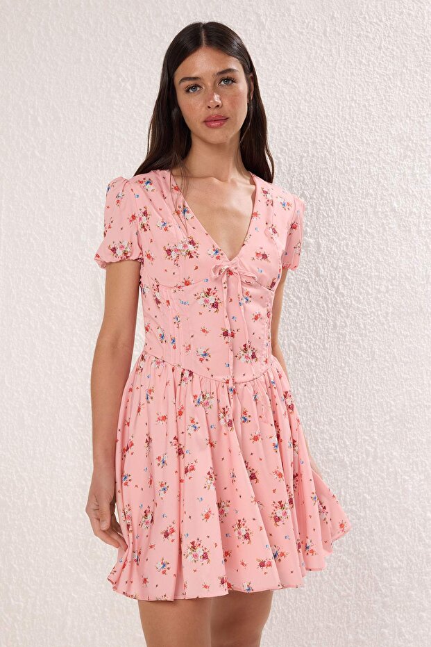 Pembe Çiçekli Mini Dokuma Elbise TWOSS25EL00789 - 2