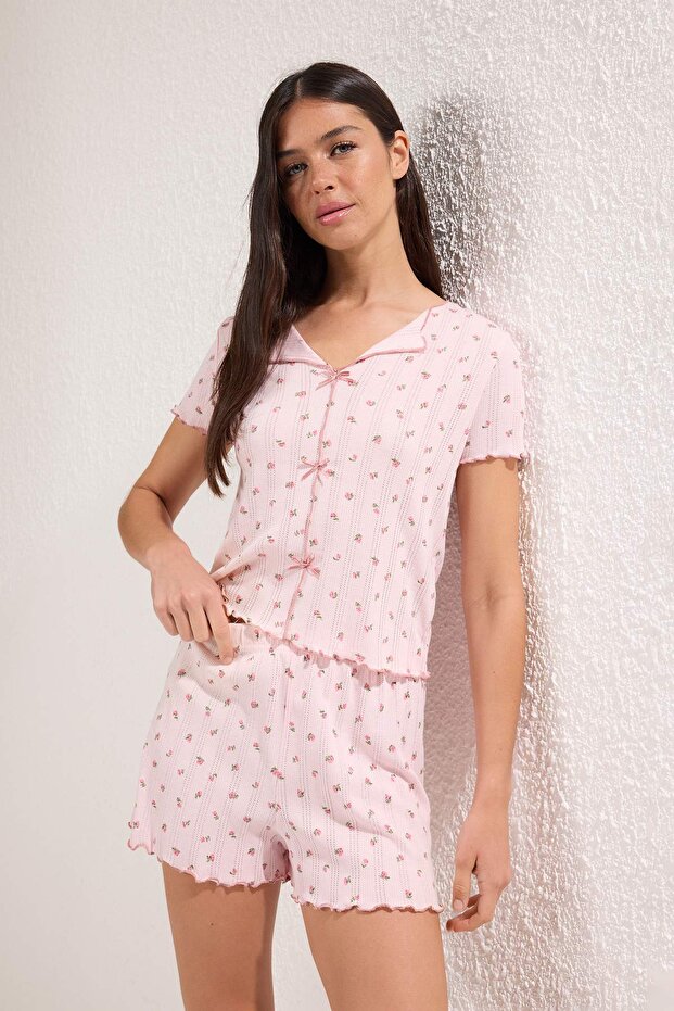 Pembe %100 Pamuklu Çiçekli Kurdele/Fiyonklu Fitilli Şortlu Örme Pijama Takımı THMSS25PT00434 - 2