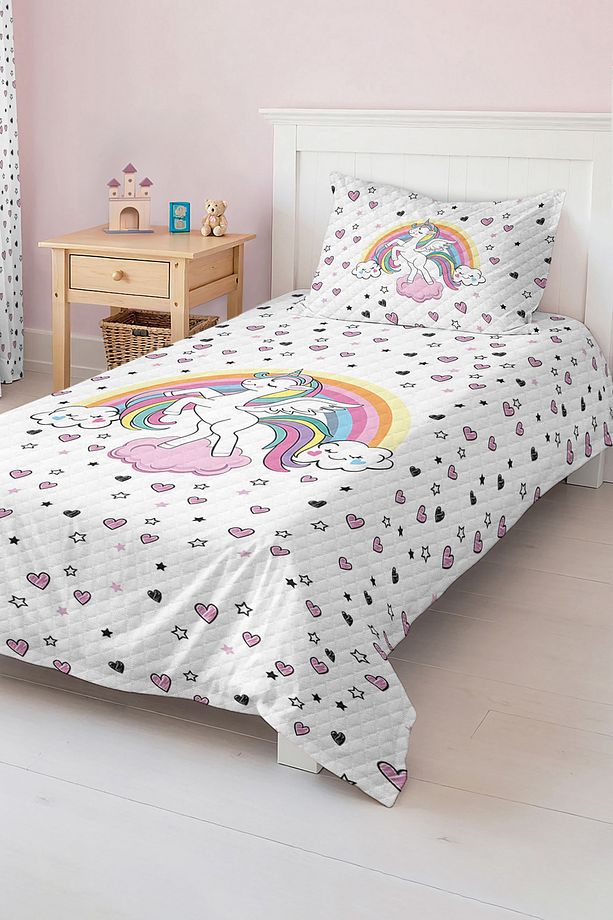 Unicorn ve Yıldız Desenli Tek Kişilik Çocuk ve Genç Odası Pike Takımı Yatak Örtüsü - 4