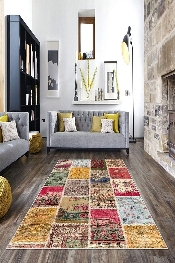 Patchwork Çiçek Desenli Yıkanabilir Kaymaz Taban Leke Tutmaz Modern Salon Halısı Ve Yolluk - 1
