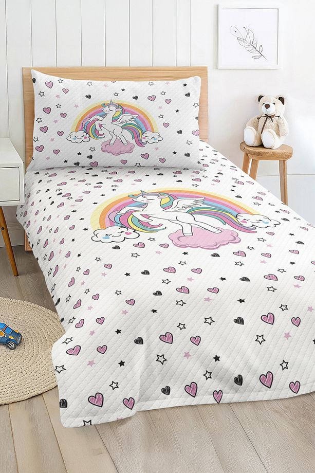 Unicorn ve Yıldız Desenli Tek Kişilik Çocuk ve Genç Odası Pike Takımı Yatak Örtüsü - 1