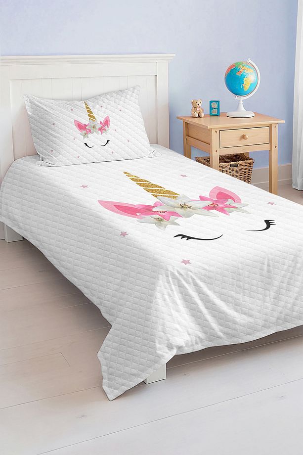 Pamuklu Unicorn Desenli Tek Kişilik Çocuk ve Genç Odası Pike Takımı Yatak Örtüsü - 3