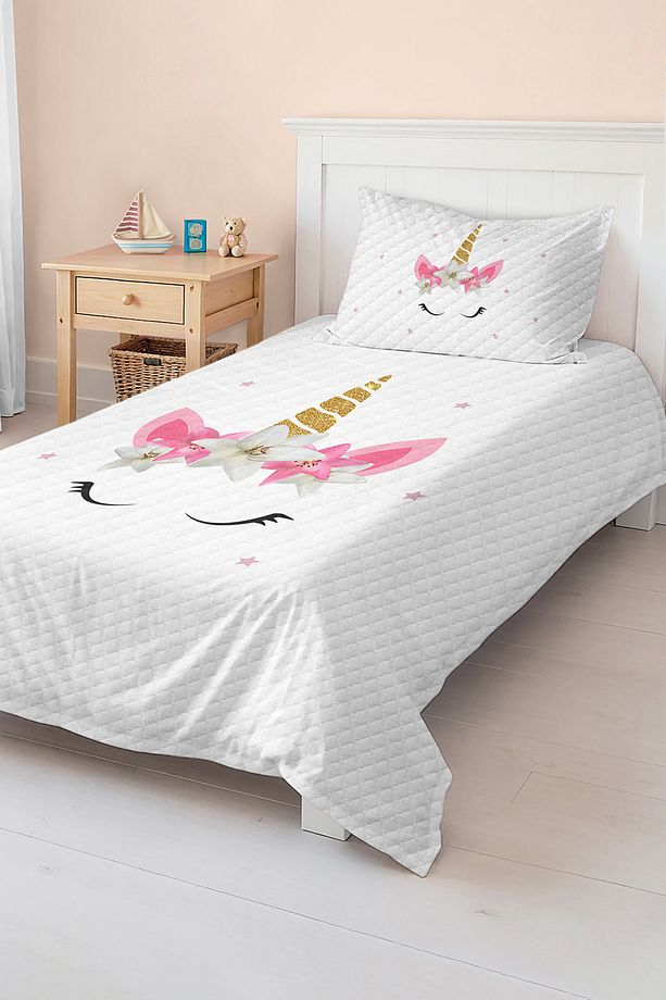 Pamuklu Unicorn Desenli Tek Kişilik Çocuk ve Genç Odası Pike Takımı Yatak Örtüsü - 5
