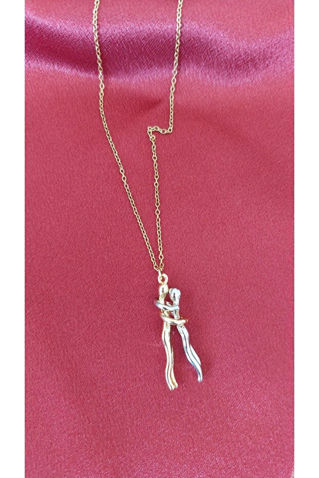 Gold Color Love Themed Hugging Darling Pendant Couple Necklace