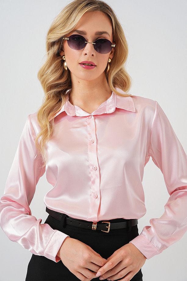 3964 Hafif Dökümlü Saten Gömlek - Pembe - 4