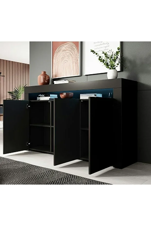 Konsol Led Aydınlatmalı Şık Büfe Modern Ve Zarif Konsol Siyah Mat Büfe - 3