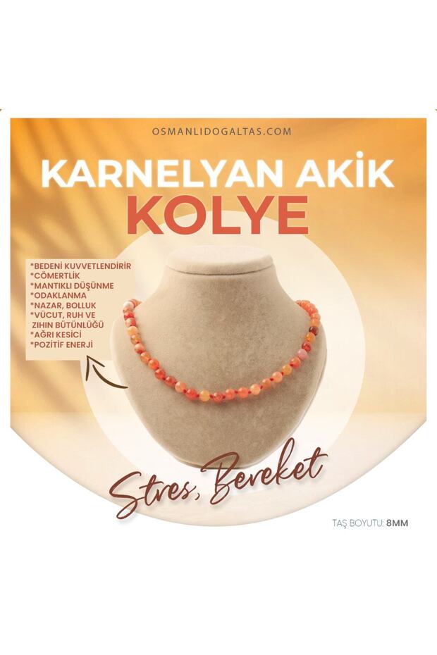 Certified Karnelyan Agate Natural Stone Necklace 8 Mm, M526