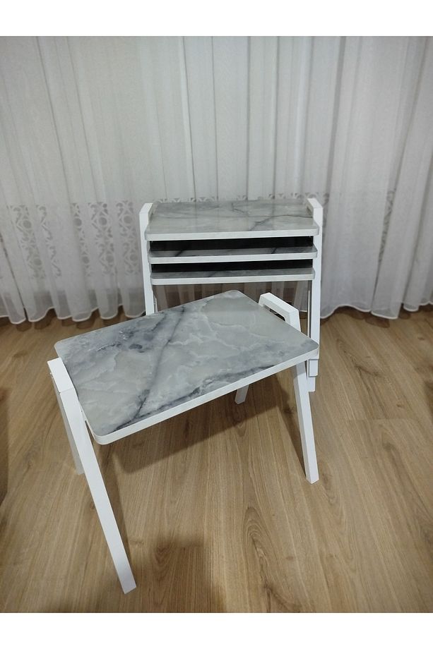 Zigon Sehpa 4'Lü Mermer Desenli Tepsi Model - 8