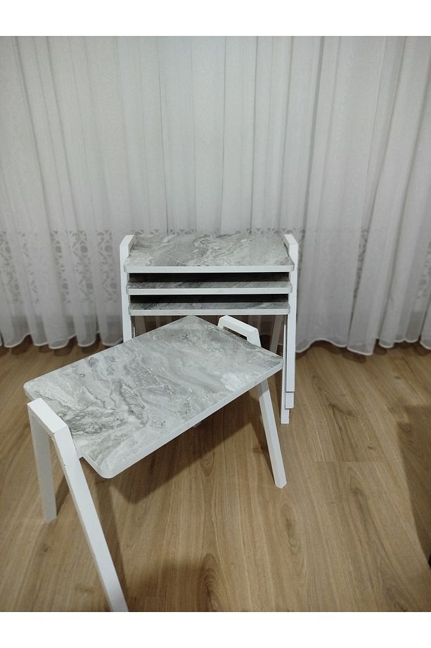 Zigon Sehpa 4'Lü Mermer Desenli Tepsi Model - 8
