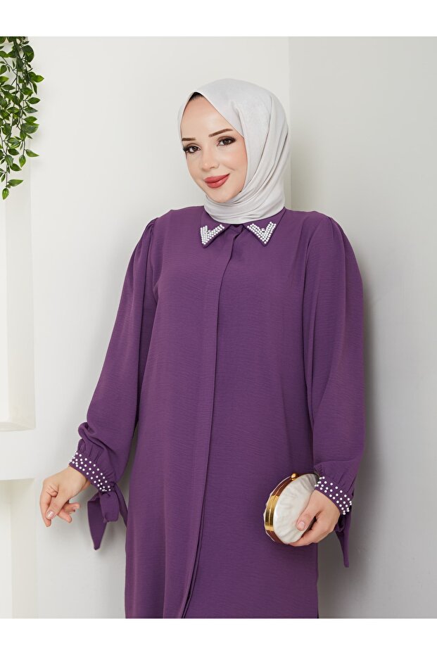 Large Size Double Hijab Set with Pearl Beaded Collar and Cuffs