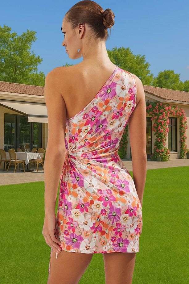 Çiçek Desenli Tek Omuz Mini Elbise Örme Kumaş Yaz Mezuniyet Elbisesi Şık Görünüm Modern Stil - 2