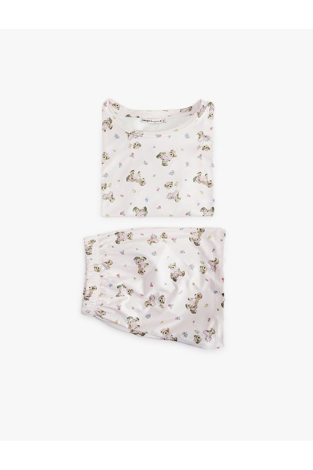 Ayıcık Desenli Kısa Kollu Bisiklet Yaka Şortlu Pijama Takımı - 3