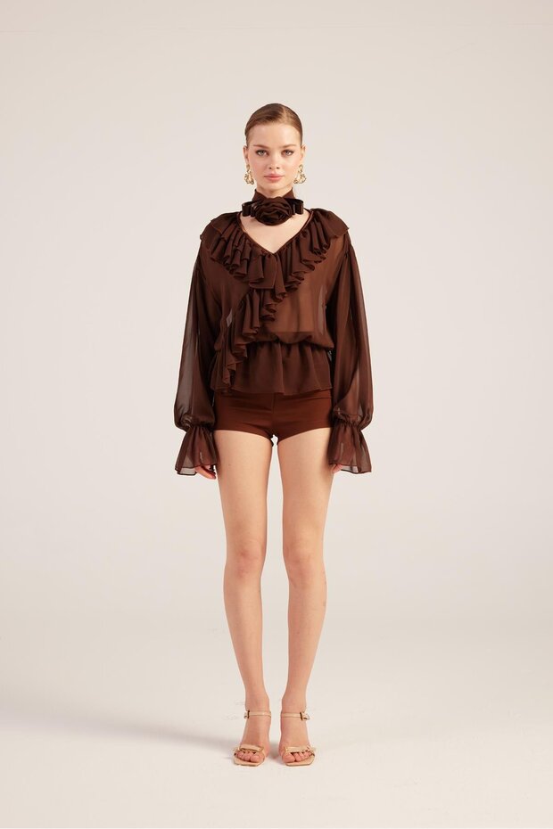 Chiffon Sassy Shirt with Ruffled Rose Choker Accessories Brown
