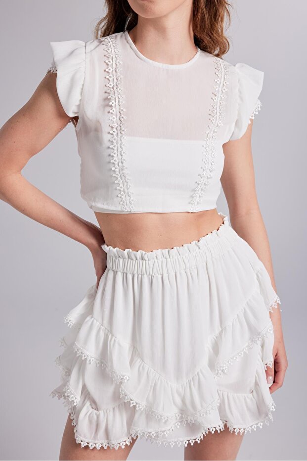 Brode Detaylı Crop Pixie Bluz Beyaz - 6