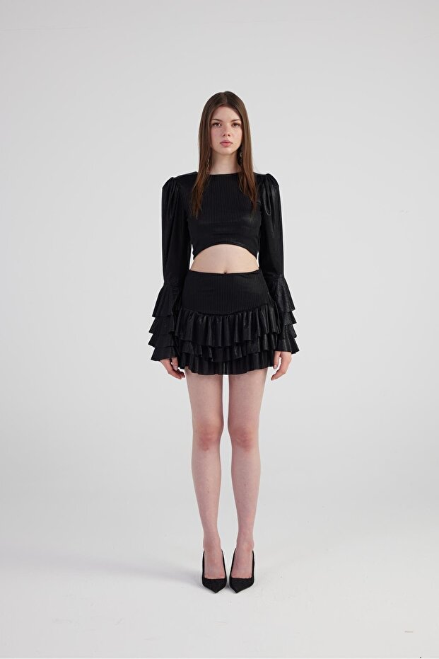 Black Shiny Fabric - Ruffled Skirt and Blouse Yensia Set