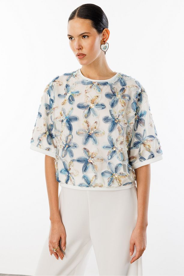 Yuvarlak Yaka Oversize Pullu Çiçekli Bluz - 3