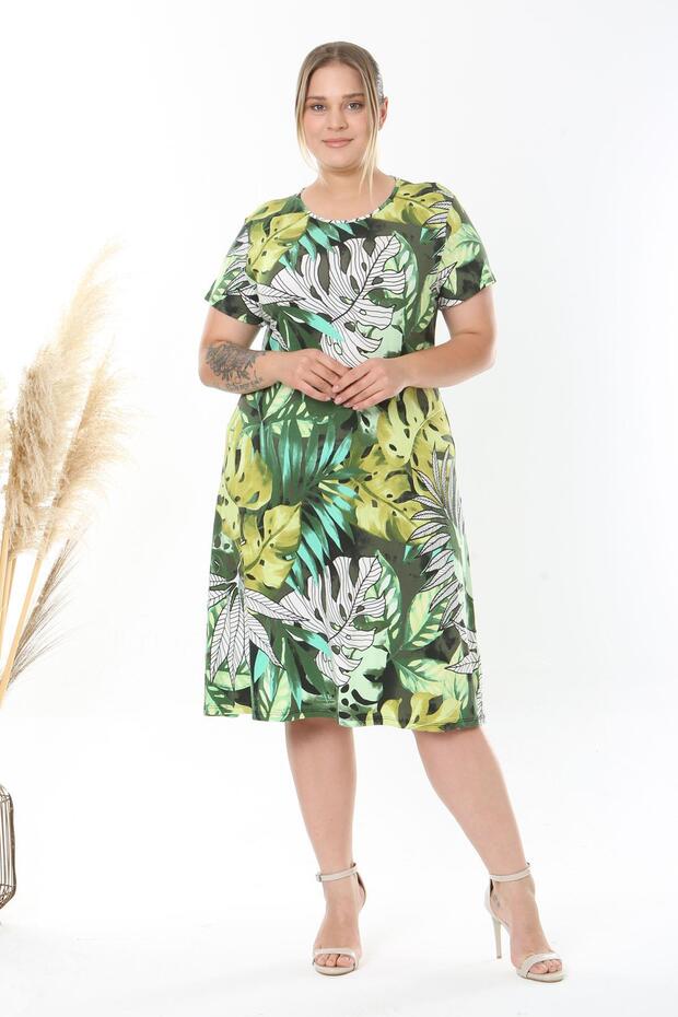 Women's Green White Tropical Pattern Midi Dress