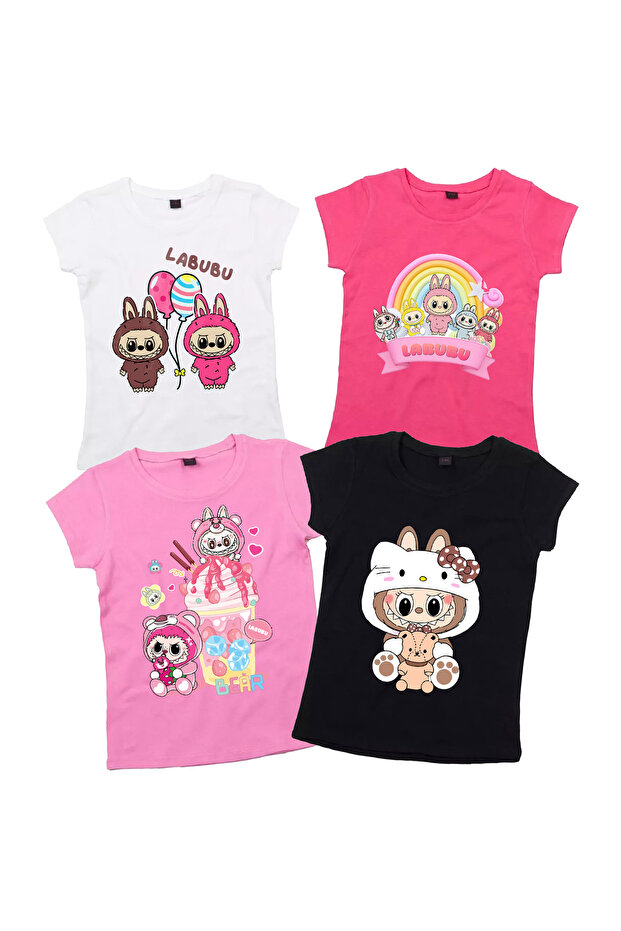 Labubu Women’s T-Shirt Pack of 4 – Mix & Match Cute Cartoon Graphic Tees, 100% Cotton, Short Sleeve