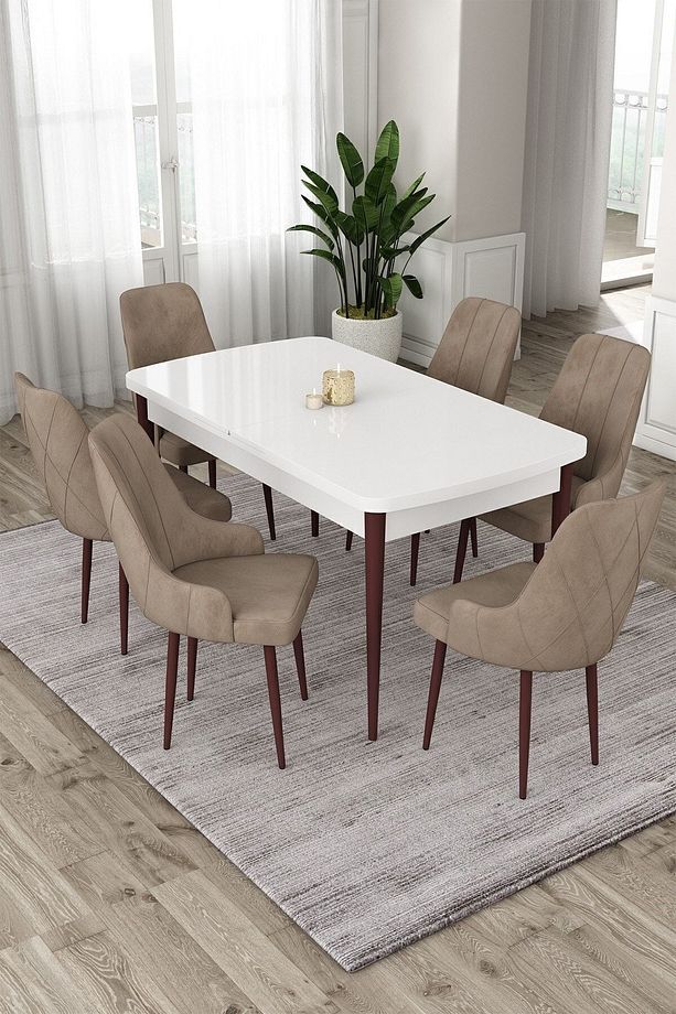 Eta Serisi, Beyaz Masa Kahve Ayak Açılabilir 80x132 Mdf Yemek Odası Takımı, 6 Cappucino Sandalye - 1
