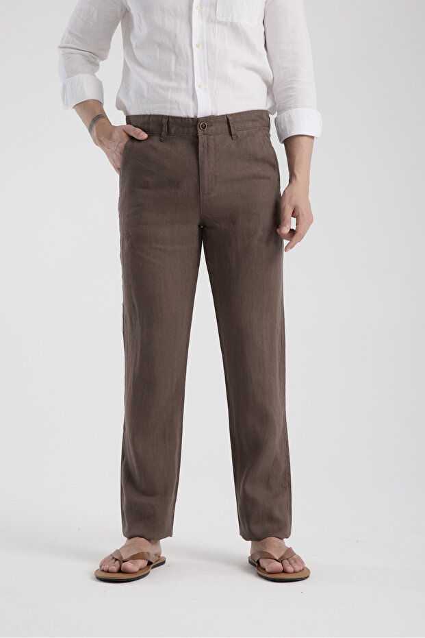 Regular Fit Brown 100% Linen Trousers
