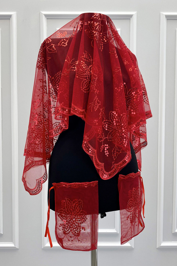 Red Bride Groom Groomsmen Bridesmaid Henna Night Soldier Shoulder Cover Shawl with Gloves Sequin Flower Motif