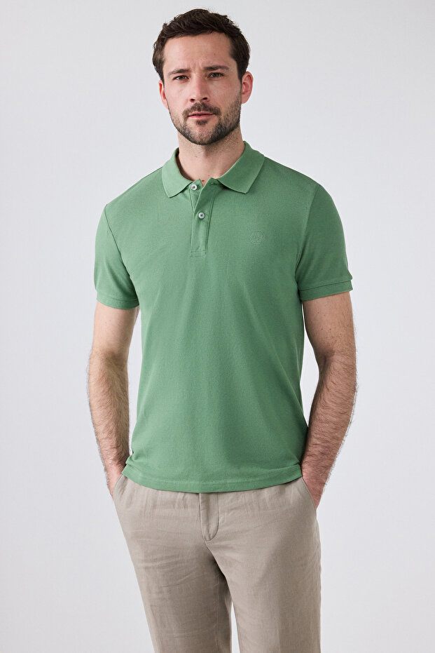 Regular Fit Light Green Pique Textured 100% Cotton Non-Curling Polo Neck Embroidered T-Shirt