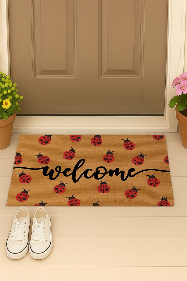 Mind Uğur Böceği Welcome Tasarımlı Kapı Önü Paspası - Şık, Dayanıklı ve Kaymaz Dış Kapı Paspası - 1