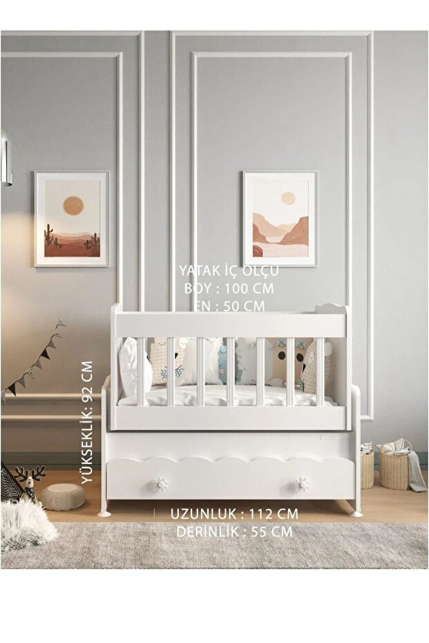 Beşik Çekmeceli Sallanır Anne Yanı Ahşap Bebek Beşiği Beyaz - 3