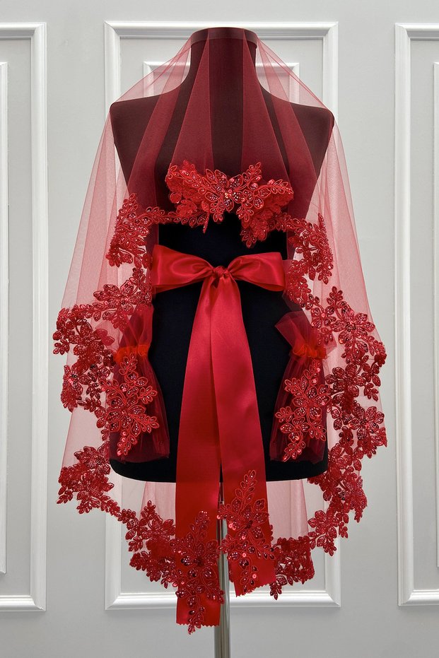 Red Bridal Veil Set, Sparkling Crystal Glass Beads and Sequins Embroidered Henna Veil 6 Pieces