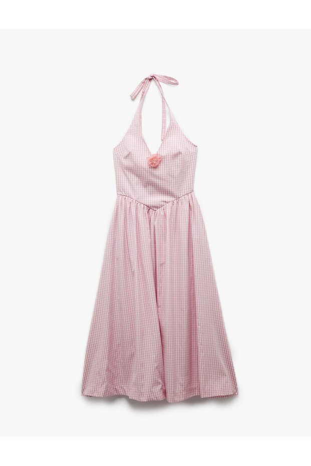 Comfortable Fit Floral Applique Detail Halter Neck Midi Dress