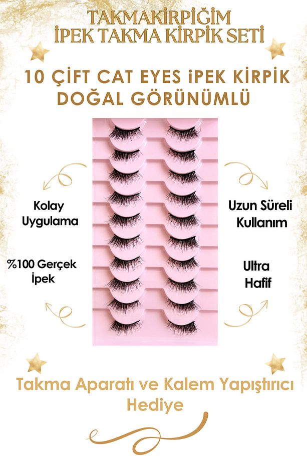 10 Çift Doğal Cat Eye Kedi Göz Takma İpek Kirpik Powerliner Şeffaf Kalem Yapıştırıcı (APARAT HEDİYE) - 3