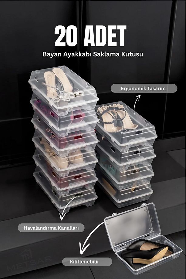 20 Adet Kadın Ayakkabı Kutusu - Şeffaf Ayakkabı Düzenleyici Saklama Kutusu Organizer Seyahat Kutusu - 1