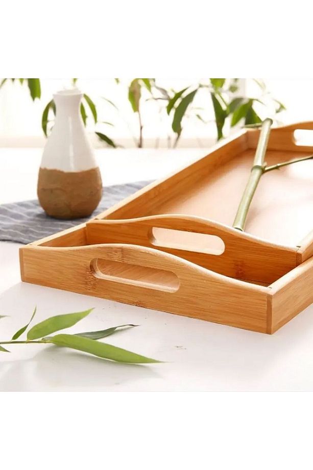 İkili Bambu Kulplu Çay Tepsisi Kahve Tepsisi Servis Tepsisi Bambu 40cm-33cm - 3