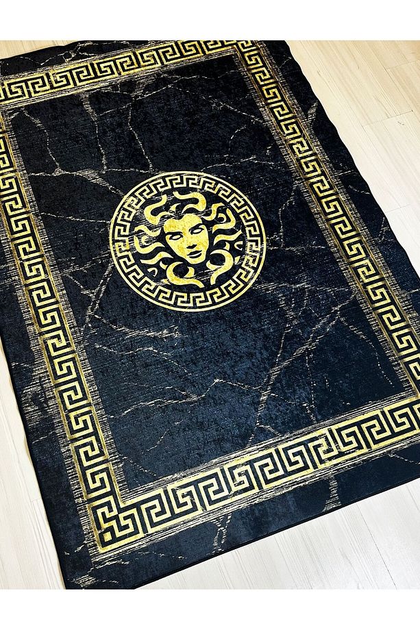 Medusa Motif Gold Motif Süngerli , Kalın Yüzey Makinede Yıkanabilir Halı - DERİ TABAN - 5
