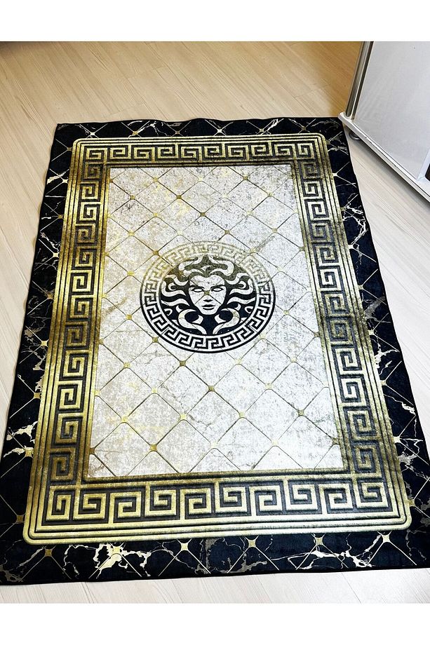 Medusa Motif Gold Çizgisel Motif Süngerli , Kalın Yüzey Makinede Yıkanabilir Halı - DERİ TABAN - 5